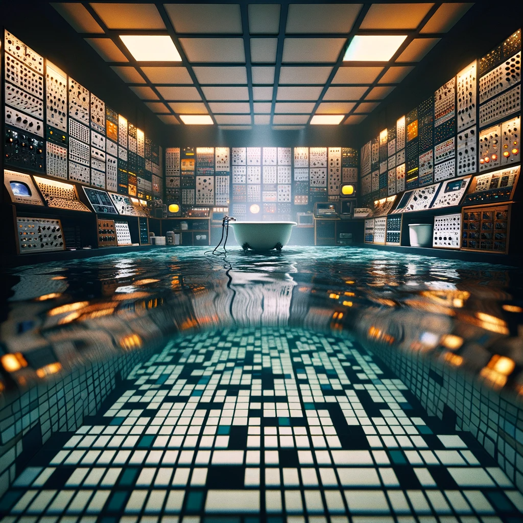 View inside a large Analoguepunk bathroom. Black
    and white square tiles on the floor resembling patterns from Conway's Game
    of Life. The camera is submerged, showing half underwater and half above
    water. Above water, the room, lit with warm light, is filled with
    retro-futuristic analogue technology, with walls adorned with modular
    synthesizers, patch cables, CRT displays, and vintage electronic devices.
    The water surface reflects shimmering images of analogue synthesis
    techniques, creating a dreamy atmosphere. Underwater, the water is clear,
    with a cooler soft light filtering through, casting gentle patterns on the
    bathtub's surface. Swimming though the water are creatures made from
    mutliple cubes swimming and crawling around.